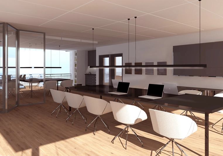 Konferenzraum mit einem Schreibtisch und Stühlen